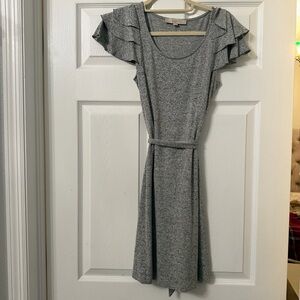 LOFT Heather Gray Midi Dress with Ruffle Sleeves